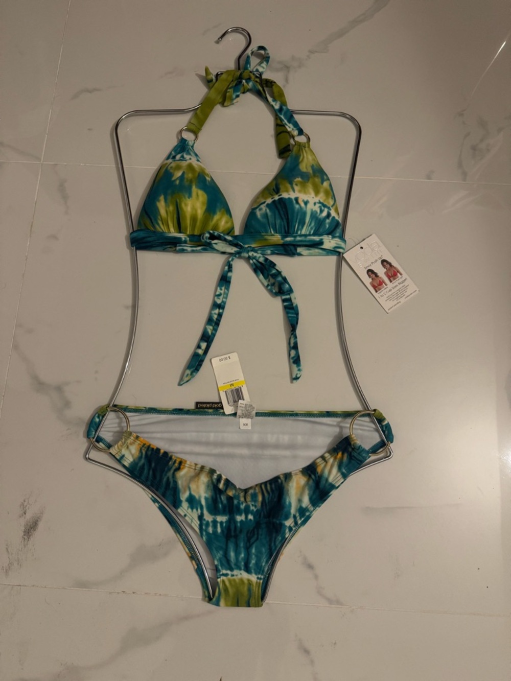 TWO PIECE - Voda Swim Mix Green and Blue Hoop Halter Bikini Top - M